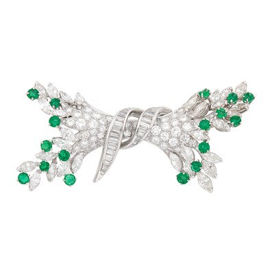 Lot 59 - Platinum, Diamond and Emerald Bow Brooch