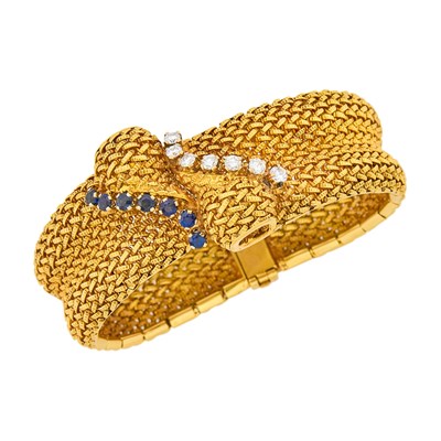 Lot 155 - Gold, Sapphire and Diamond Mesh Bracelet