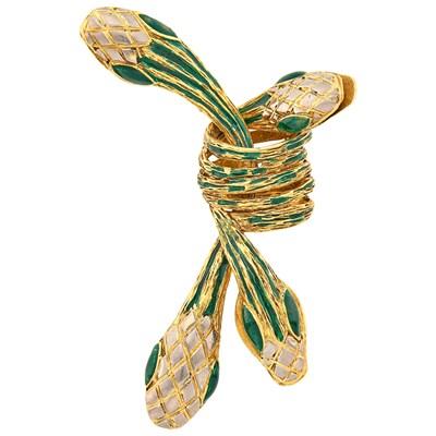 Lot 134 - Zolotas Two-Color Gold and Green Enamel Snake Clip-Brooch