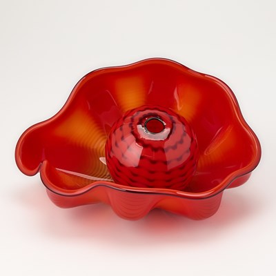 Lot 406 - Dale Chihuly Two-Piece Blown Glass Chinese Red Seaform Pair With Black Lip Wraps