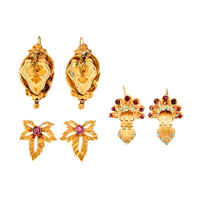 Lot 1063 - Three Pairs of Gold and Gem-Set Earrings