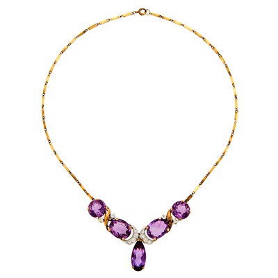 Lot 1183 - Two-Color Gold, Amethyst and Simulated Diamond Necklace