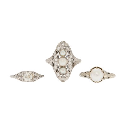 Lot 1116 - Three Platinum, White Gold, Cultured Pearl and Diamond Rings