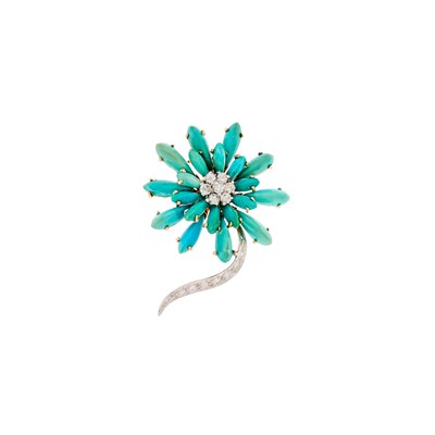 Lot 1120 - Two-Color Gold, Turquoise and Diamond Flower Pendant-Brooch