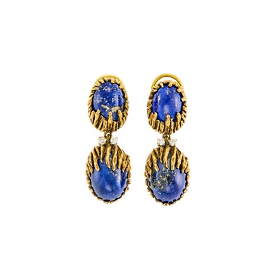 Lot 1042 - Pair of Gold, Lapis and Diamond Pendant-Earrings