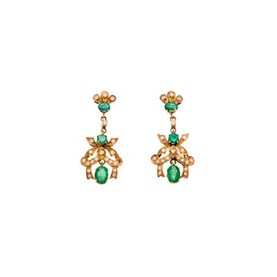 Lot 1267 - Pair of Gold, Emerald and Diamond Pendant-Earrings