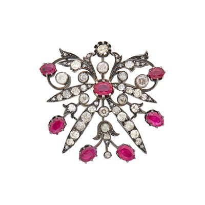 Lot 1081 - Antique Silver, Gold, Ruby and Diamond Brooch