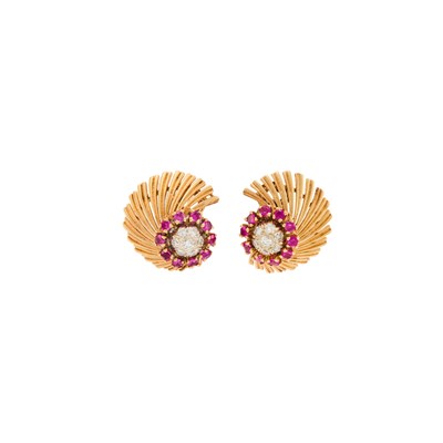 Lot 1049 - Pair of Two-Color Gold, Synthetic Ruby and Diamond Earrings