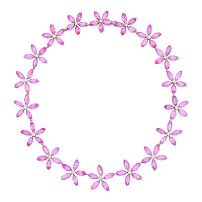 Lot 50 - White Gold, Pink Sapphire and Diamond Flower Necklace