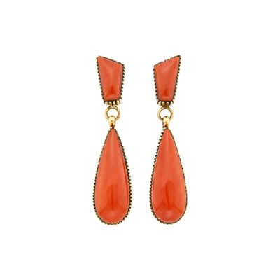 Lot 1198 - Pair of Gold and Coral Pendant-Earrings