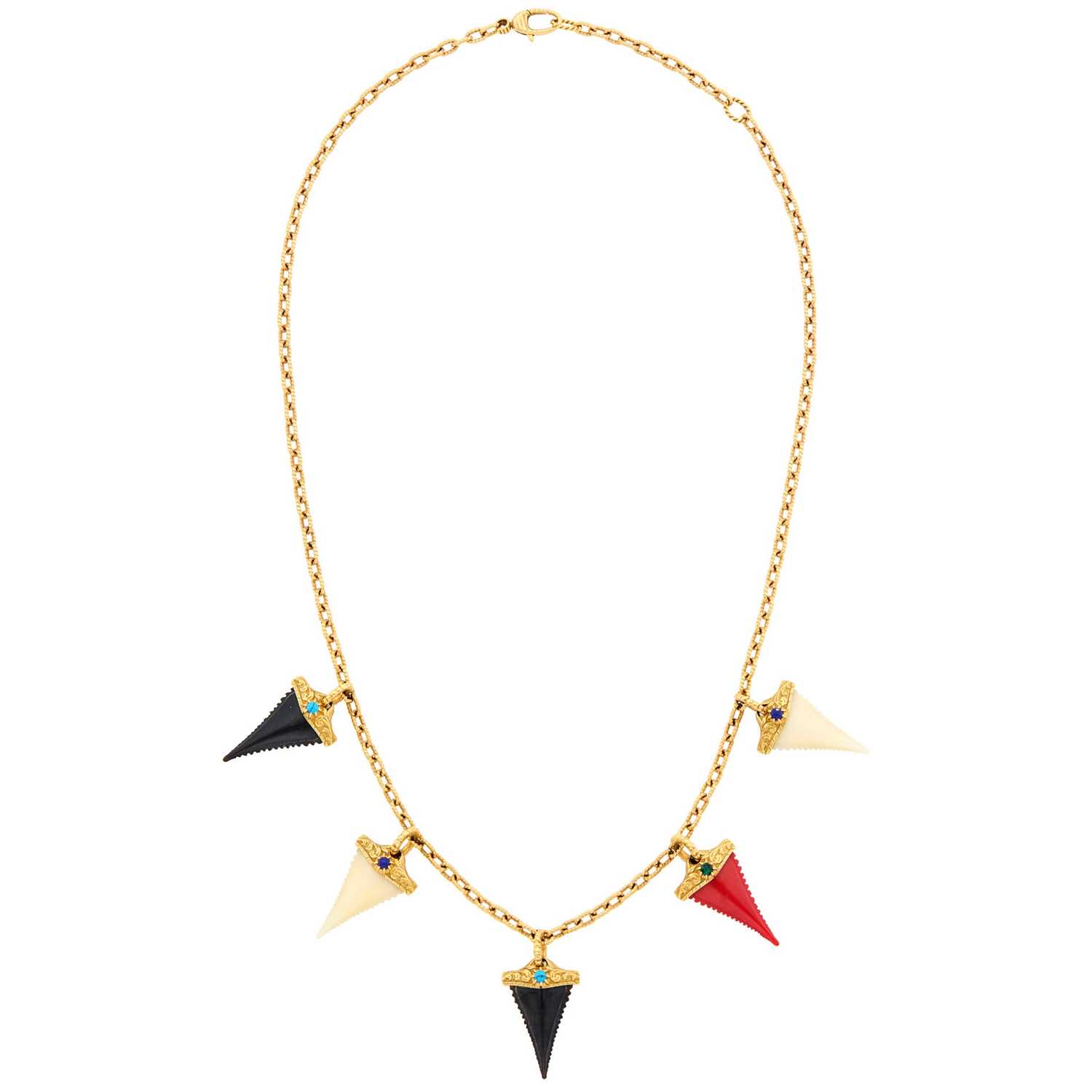 Lot 5 - Gucci Gold, Bone, Hardstone and Resin 'Shark Tooth' Charm Chain Necklace