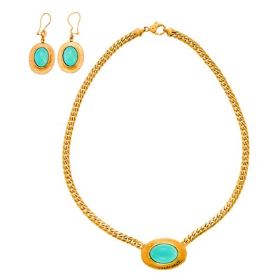 Lot 1045 - Gold and Turquoise Pendant-Necklace and Pair of Pendant-Earrings