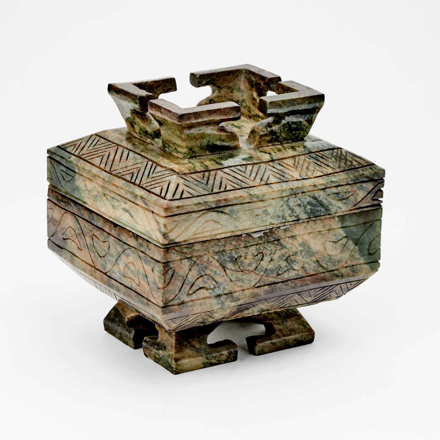 Lot 43 - A Chinese Mottled Jade Archaistic Vessel, Fu