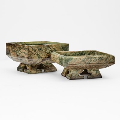 Lot 43 - A Chinese Mottled Jade Archaistic Vessel, Fu