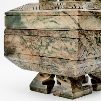 Lot 43 - A Chinese Mottled Jade Archaistic Vessel, Fu