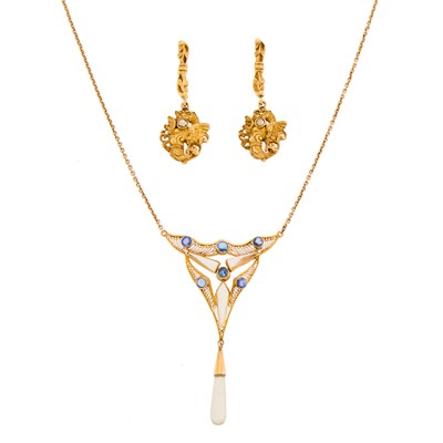 Lot 1097 - Pair of Gold and Diamond Pendant-Earrings and Gold, Gold-Filled, Sapphire and Rock Crystal Pendant-Necklace