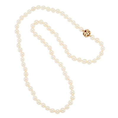 Lot 1014 - Cultured Pearl Necklace with Gold, Ruby and Diamond Flower Bead