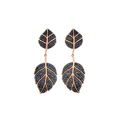 Lot 1283 - Pair of Low Karat Rose Gold-Plated, Silver and Sapphire Leaf Pendant-Earrings