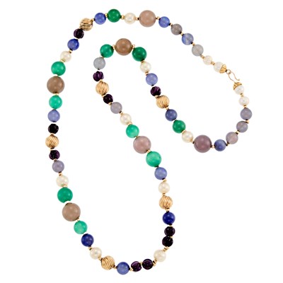 Lot 1106 - Long Gold, Cultured and Freshwater Pearl and Hardstone Bead Necklace