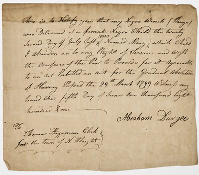 Lot A member of the Sons of Liberty relinquishes his slave's child