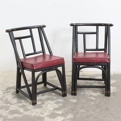 Lot 166 - Pair of Black Painted Bamboo and Red Leather Upholstered Side Chairs