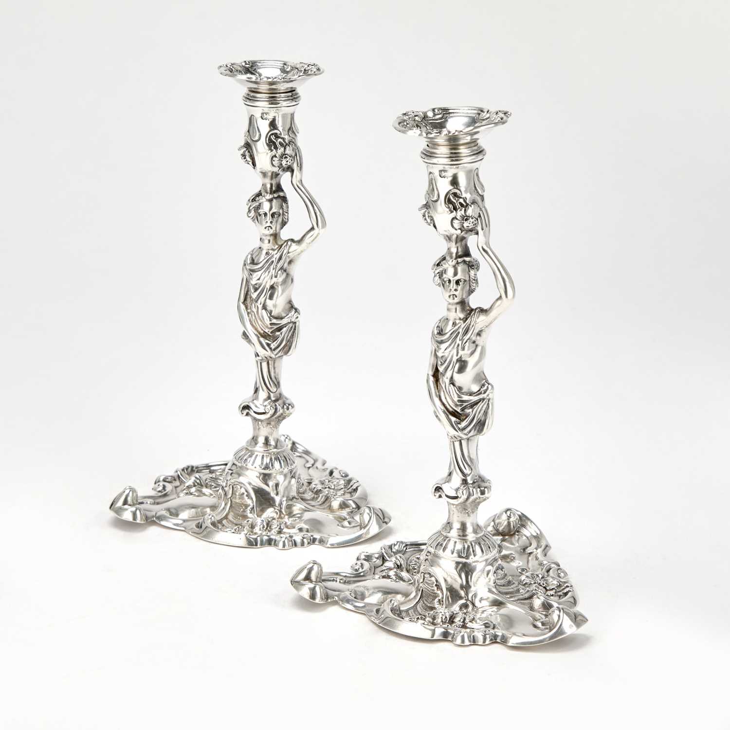 Lot Pair of George II Sterling Silver Figural Candlesticks