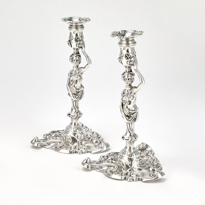 Lot Pair of George II Sterling Silver Figural Candlesticks