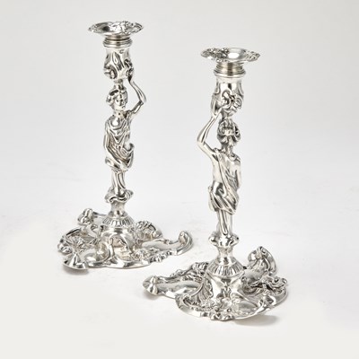 Lot Pair of George II Sterling Silver Figural Candlesticks