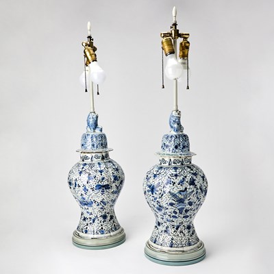 Lot 148 - Pair of Tin Glazed Earthenware Covered Vases as Lamps