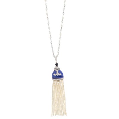 Lot 89 - Platinum, Lapis, Diamond and Seed Pearl Tassel Pendant, France, with Long Platinum and Seed Pearl Chain Necklace