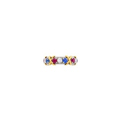 Lot 49 - Tiffany & Co., Schlumberger Platinum, Gold, Ruby, Sapphire and Diamond 'Fifteen Stone X' Band Ring