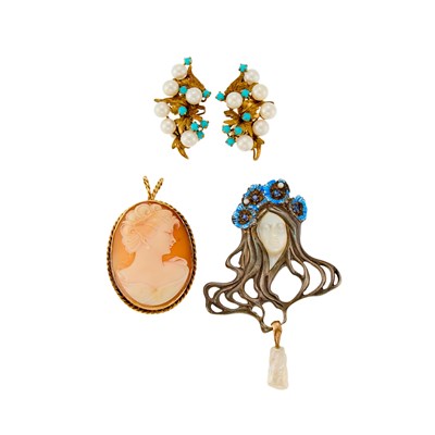 Lot 1189 - Group of Gold, Silver, Shell, Cultured Pearl, Turquoise, Mother-of-Pearl and Sapphire Jewelry