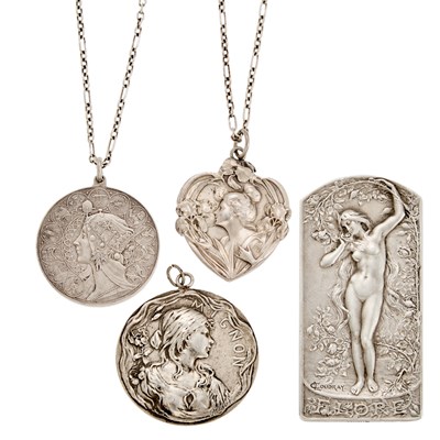Lot 1094 - Group of Silver and Silver-Tone Pendants with Two Silver Chains and Marie-Alexandre-Lucien Coudray Silver 'Flore' Miniature