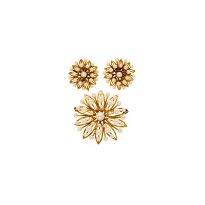 Lot 1044 - Gold, Cultured Pearl Brooch and Pair of Earclips