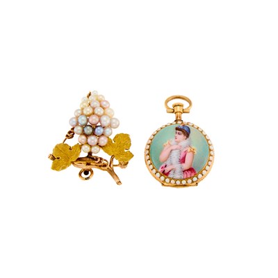 Lot 1074 - Gold, Enamel and Split Pearl Pocket Watch and Gold and Cultured Pearl Grape Pendant-Brooch