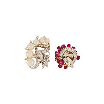 Lot 1117 - Two White Gold, Ruby, Cultured Pearl and Diamond Rings