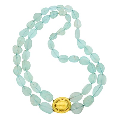 Lot 176 - Elizabeth Locke Double Strand Tumbled Aquamarine Bead Torsade Necklace with Hammered Gold Clasp