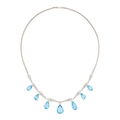 Lot 47 - Platinum, Aquamarine and Diamond Fringe Snake Chain Necklace