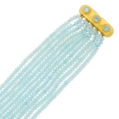 Lot 170 - Elizabeth Locke Ten Strand Aquamarine Bead Torsade Bracelet with Hammered Gold and Aquamarine Clasp