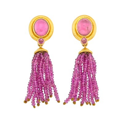 Lot 183 - Elizabeth Locke Pair of Hammered Gold, Cabochon Pink Tourmaline, Mother-of-Pearl and Pink Tourmaline Bead Tassel Pendant-Earclips