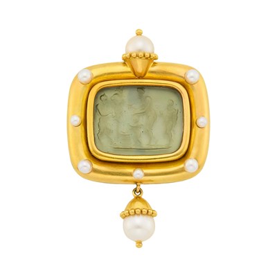Lot 123 - Elizabeth Locke Gold, Green Venetian Glass Intaglio, Mother-of-Pearl and Cultured Pearl Clip-Brooch