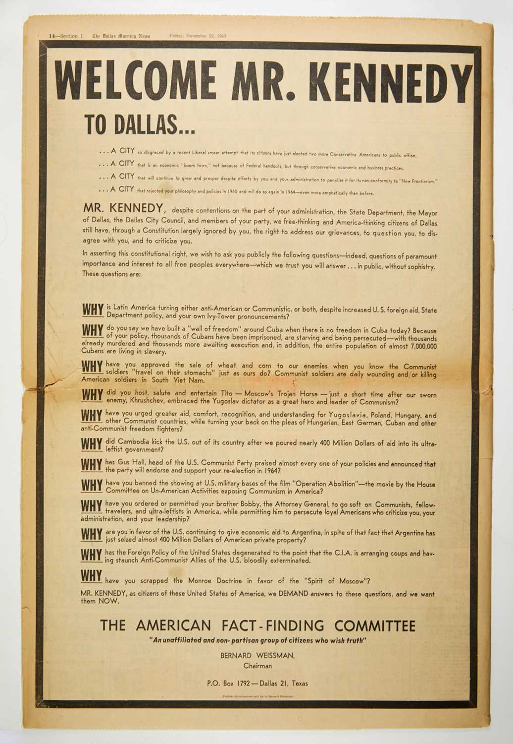 Lot 78 - "Welcome Mr. Kennedy To Dallas..."