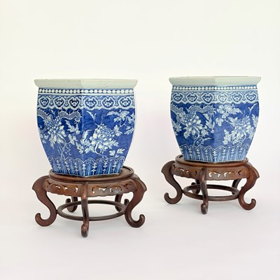 Lot 1056 - Pair of Chinese Blue and White Porcelain Hexagonal Jardinieres