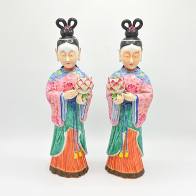 Lot 1097 - Pair of Chinese Porcelain Figural Candlesticks