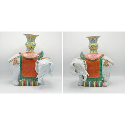 Lot 1101 - Pair of Chinese Enameled Porcelain Elephant Vases