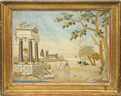 Lot 1042 - French Needlework Picture on Silk of a Classical Scene