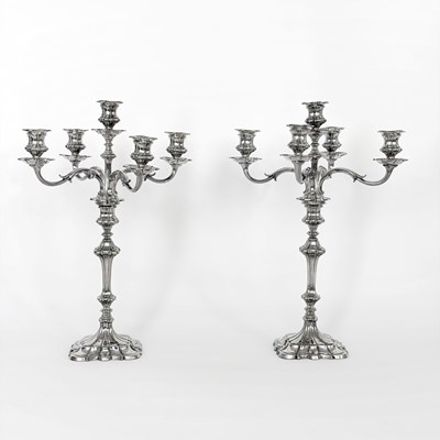 Lot 1141 - Pair of Victorian Silver Plated Five-Light Candelabra