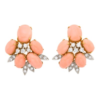 Lot 13 - Pair of Two-Color Gold, Angel Skin Coral and Diamond Earclips