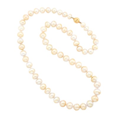 Lot 26 - Long Semi-Baroque South Sea Cultured Pearl Necklace with Fluted Gold Ball Clasp