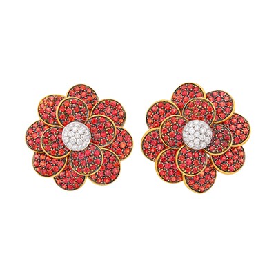 Lot 114 - Pair of Tricolor Gold, Orange Garnet and Diamond Flower Earclips
